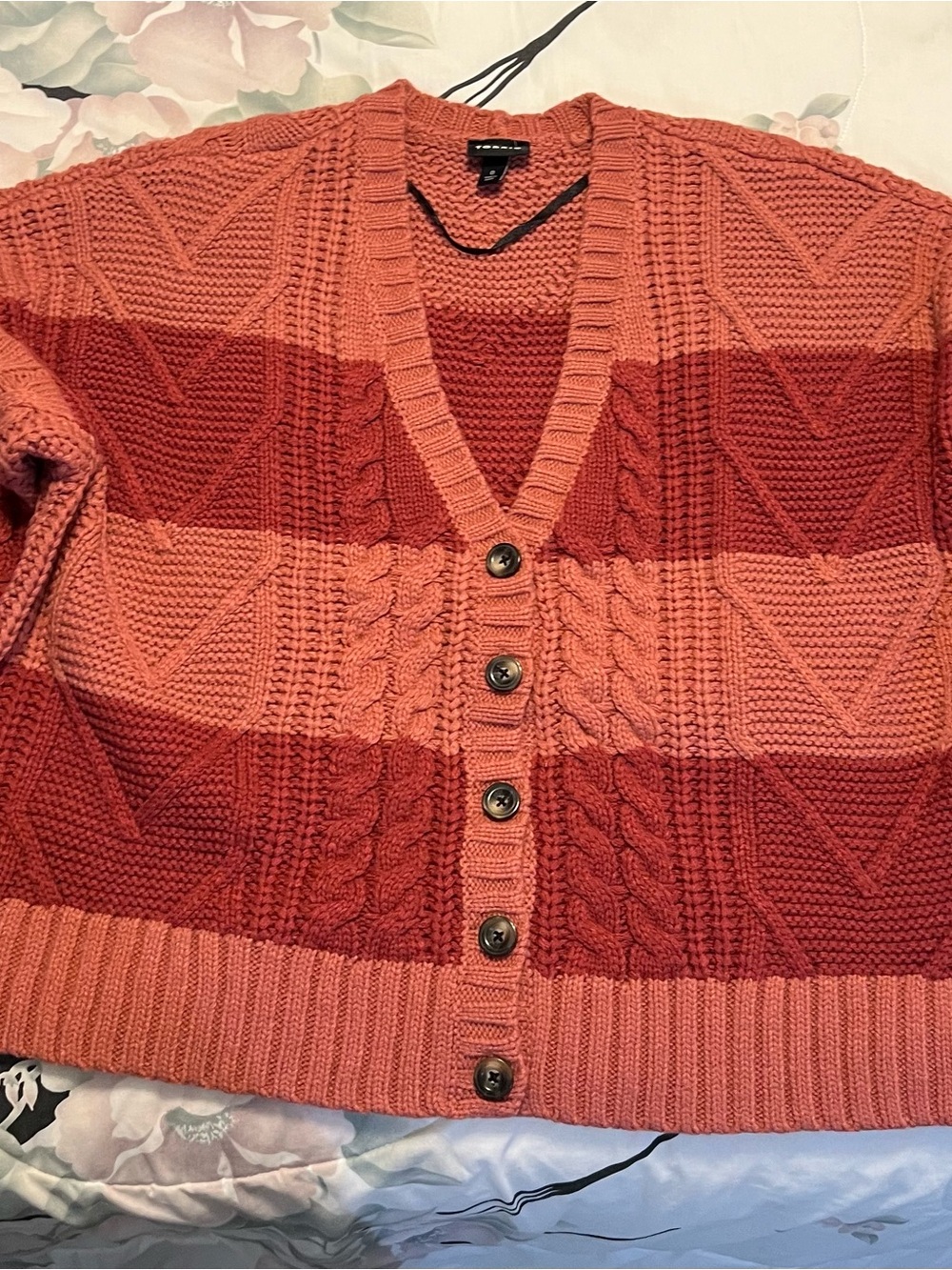 torrid Two-Tone Coral & Rust cropped Cable-Knit Cardigan